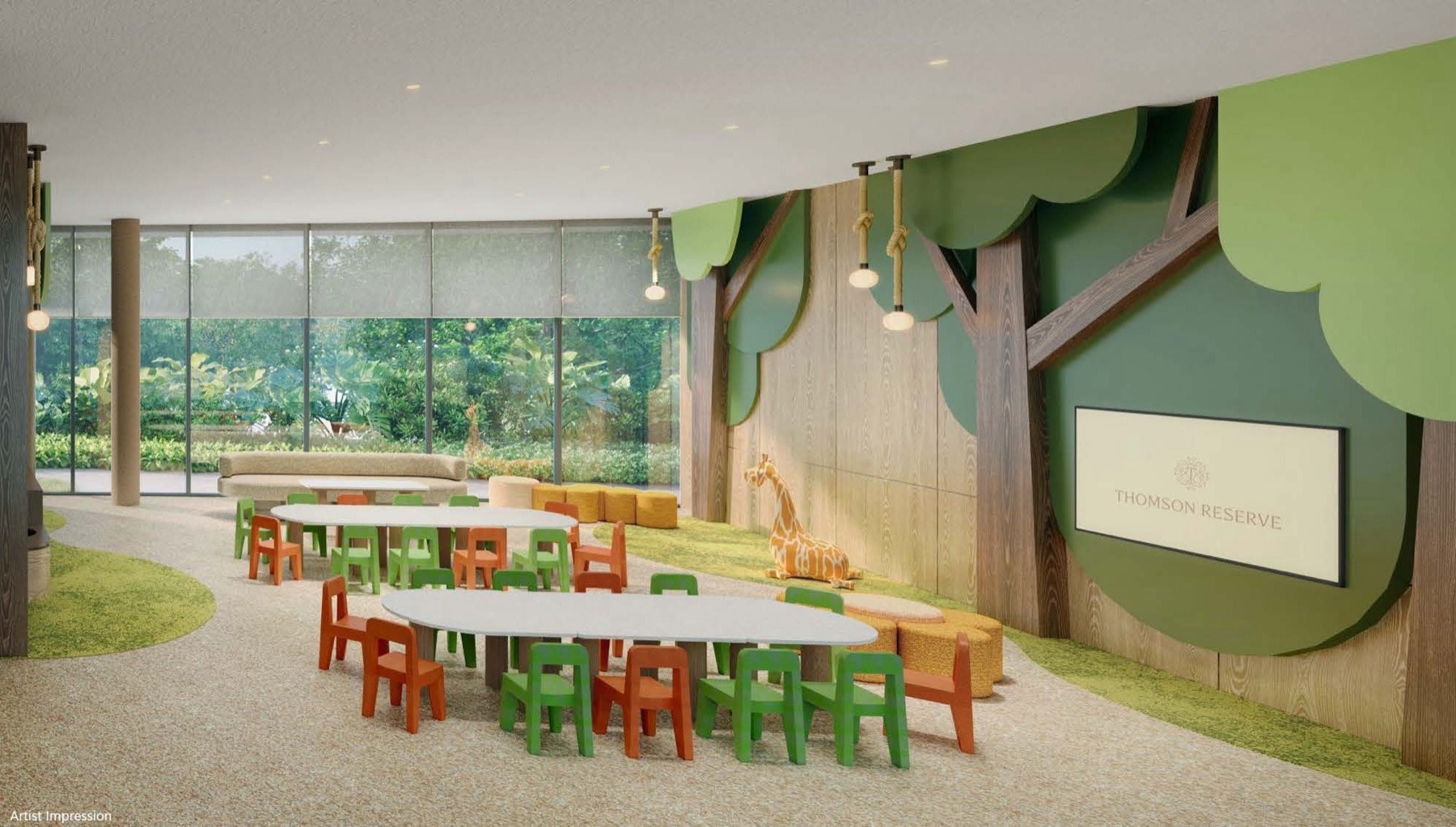 Children's room with tree-themed walls
